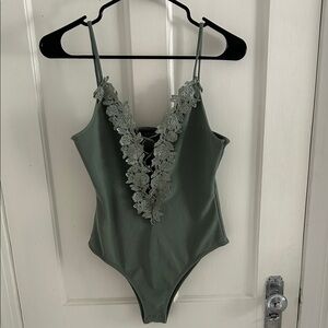 Topshop Green Lace-Trimmed Bodysuit